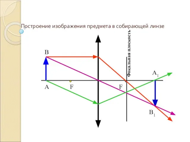 А1 А В Фокальная плоскость В1 F F Построение изображения предмета в собирающей линзе