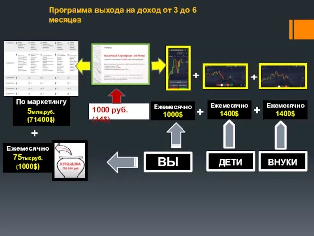 1000 руб. (14$) По маркетингу 5млн.руб. (71400$) Ежемесячно 75тысруб. (1000$) Ежемесячно 1000$