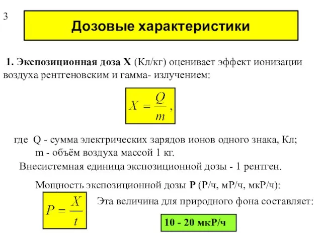 Дозовые характеристики 1. Экспозиционная доза Х (Кл/кг) оценивает эффект ионизации воздуха рентгеновским