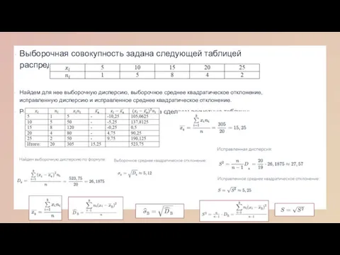 Выборочная совокупность задана следующей таблицей распределения: Найдем для нее выборочную дисперсию, выборочное