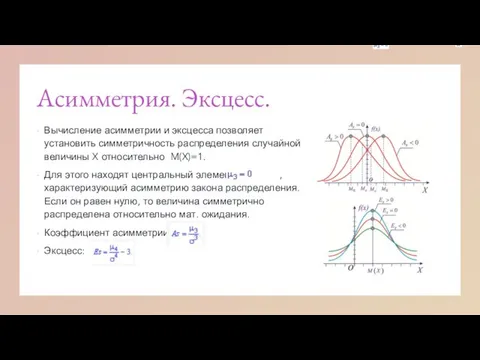 Асимметрия. Эксцесс. Вычисление асимметрии и эксцесса позволяет установить симметричность распределения случайной величины