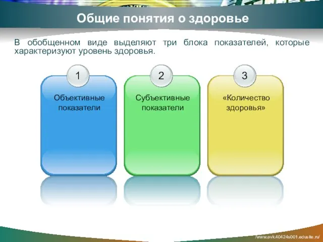 В обобщенном виде выделяют три блока показателей, которые характеризуют уровень здоровья. Общие понятия о здоровье /www.avk.40424s001.edusite.ru/