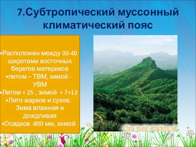 7.Субтропический муссонный климатический пояс Расположен между 30-40 широтами восточных берегов материков летом