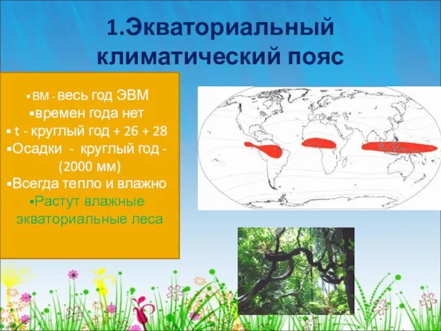 1.Экваториальный климатический пояс ВМ - Весь год ЭВМ времен года нет t