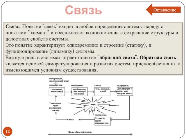 Связь Связь. Понятие "связь" входит в любое определение системы наряду с понятием