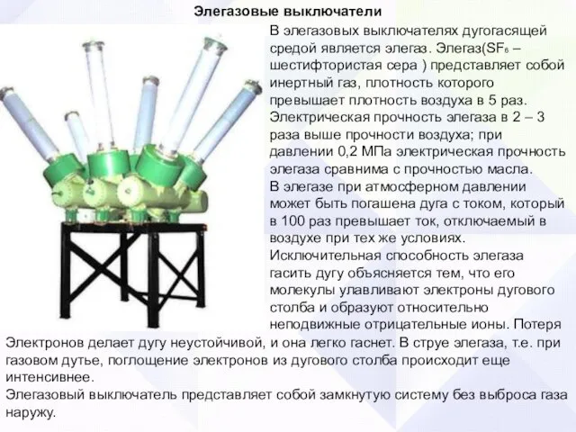 Элегазовые выключатели В элегазовых выключателях дугогасящей средой является элегаз. Элегаз(SF6 – шестифтористая