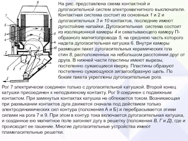 На рис. представлена схема контактной и дугогасительной систем электромагнитного выключателя. Контактная система