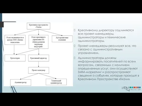 Креативному директору подчиняются все проект-менеджеры, администраторы и технические администраторы. Проект-менеджеры реализуют все,