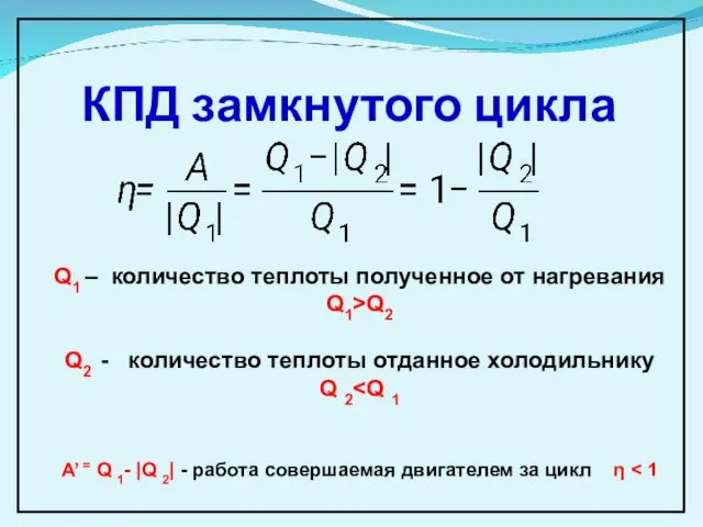 КПД замкнутого цикла Q1 – количество теплоты полученное от нагревания Q1>Q2 Q2