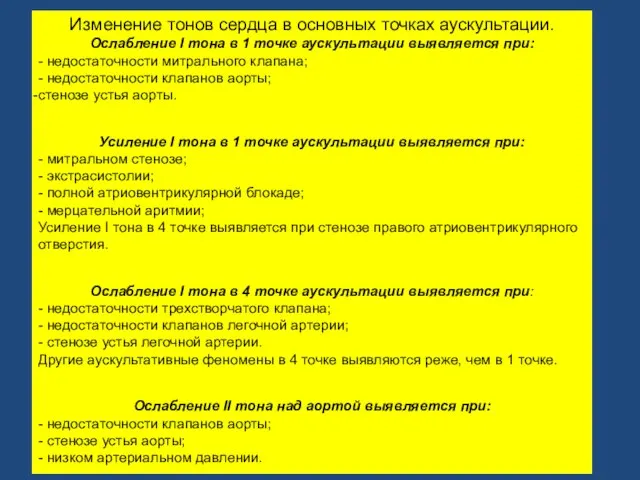 Изменение тонов сердца в основных точках аускультации. Ослабление I тона в 1