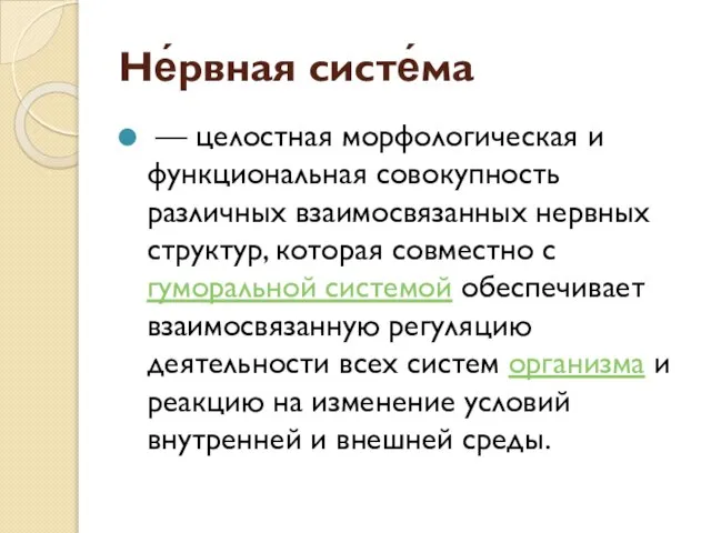 Не́рвная систе́ма — целостная морфологическая и функциональная совокупность различных взаимосвязанных нервных структур,