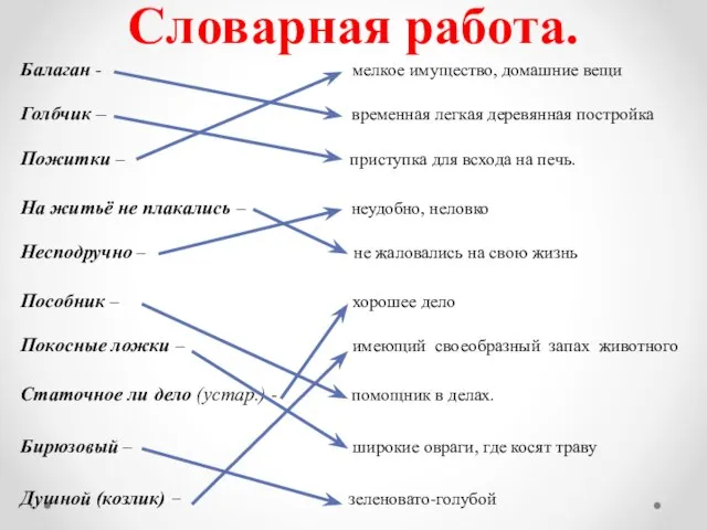 Словарная работа. Балаган - мелкое имущество, домашние вещи Голбчик – временная легкая