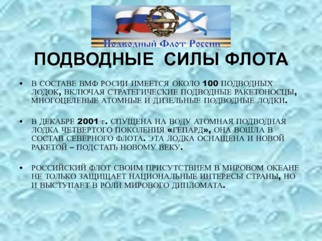 ПОДВОДНЫЕ СИЛЫ ФЛОТА В СОСТАВЕ ВМФ РОСИИ ИМЕЕТСЯ ОКОЛО 100 ПОДВОДНЫХ ЛОДОК,