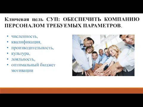 Ключевая цель СУП: ОБЕСПЕЧИТЬ КОМПАНИЮ ПЕРСОНАЛОМ ТРЕБУЕМЫХ ПАРАМЕТРОВ. численность, квалификация, производительность, культура, лояльность, оптимальный бюджет мотивации