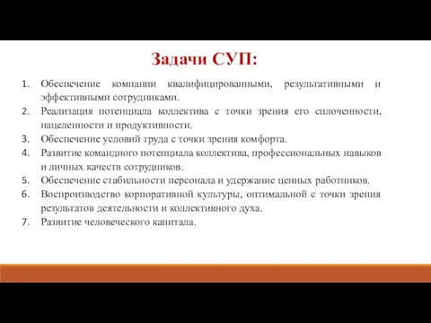 Задачи СУП: Обеспечение компании квалифицированными, результативными и эффективными сотрудниками. Реализация потенциала коллектива