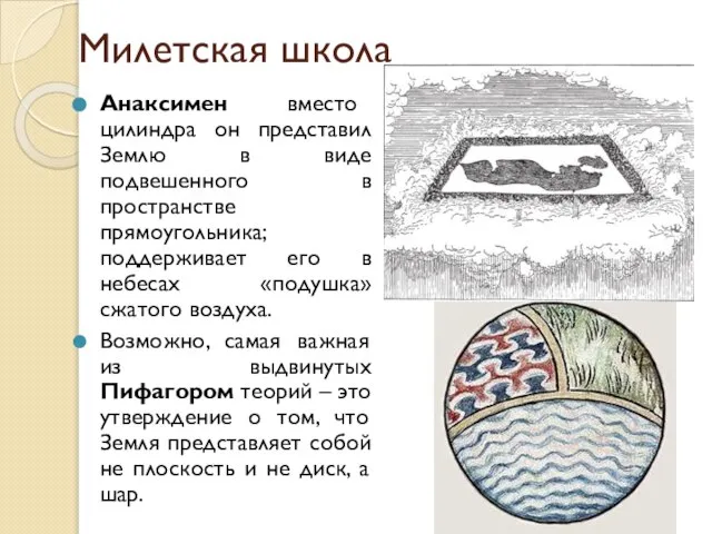 Милетская школа Анаксимен вместо цилиндра он представил Землю в виде подвешенного в