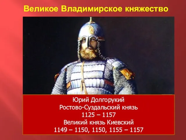 Великое Владимирское княжество Юрий Долгорукий Ростово-Суздальский князь 1125 – 1157 Великий князь