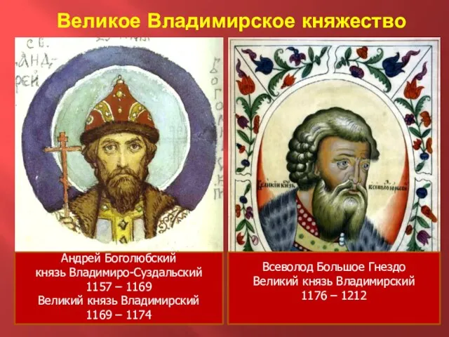 Великое Владимирское княжество Андрей Боголюбский князь Владимиро-Суздальский 1157 – 1169 Великий князь