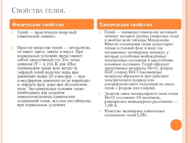 Свойства гелия. Гелий — практически инертный химический элемент. Простое вещество гелий —