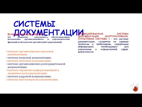 СИСТЕМЫ ДОКУМЕНТАЦИИ ФУНКЦИОНАЛЬНАЯ СИСТЕМА - это комплекс документов, обеспечивающих выполнение организационных и