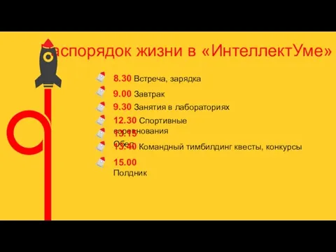 Распорядок жизни в «ИнтеллектУме» 8.30 Встреча, зарядка 9.00 Завтрак 9.30 Занятия в