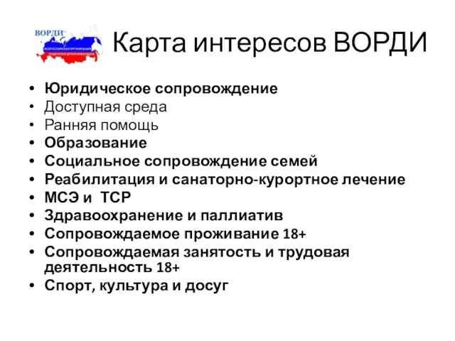 Карта интересов ВОРДИ Юридическое сопровождение Доступная среда Ранняя помощь Образование Социальное сопровождение