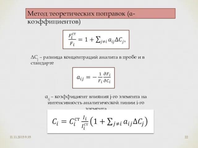 11.11.2015 9:35 Метод теоретических поправок (ɑ-коэффициентов) ΔСj – разница концентраций аналита в