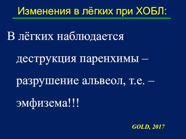 Изменения в лёгких при ХОБЛ: В лёгких наблюдается деструкция паренхимы – разрушение