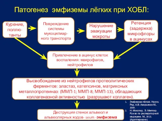 Патогенез эмфиземы лёгких при ХОБЛ: Курение, поллю-танты Повреждение системы мукоцилиар-ного транспорта Нарушение