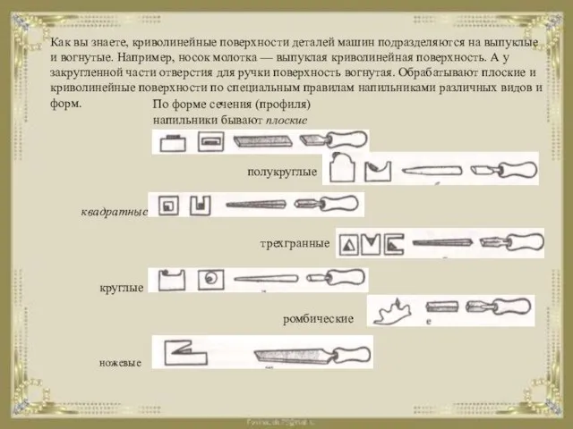 По форме сечения (профиля) напильники бывают плоские полукруглые квадратные трехгранные круглые ромбические