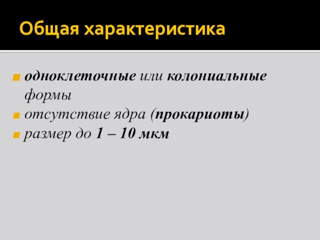 Общая характеристика одноклеточные или колониальные формы отсутствие ядра (прокариоты) размер до 1 – 10 мкм