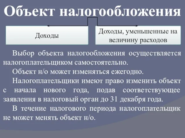 Объект налогообложения Доходы Доходы, уменьшенные на величину расходов Выбор объекта налогообложения осуществляется