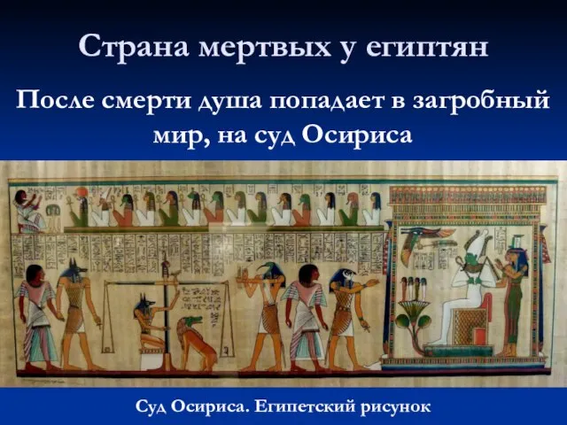 Страна мертвых у египтян Суд Осириса. Египетский рисунок После смерти душа попадает