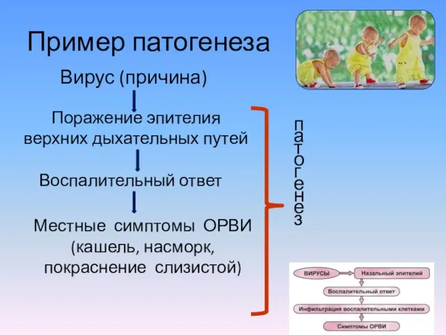 Пример патогенеза Вирус (причина) Поражение эпителия верхних дыхательных путей Воспалительный ответ патогенез