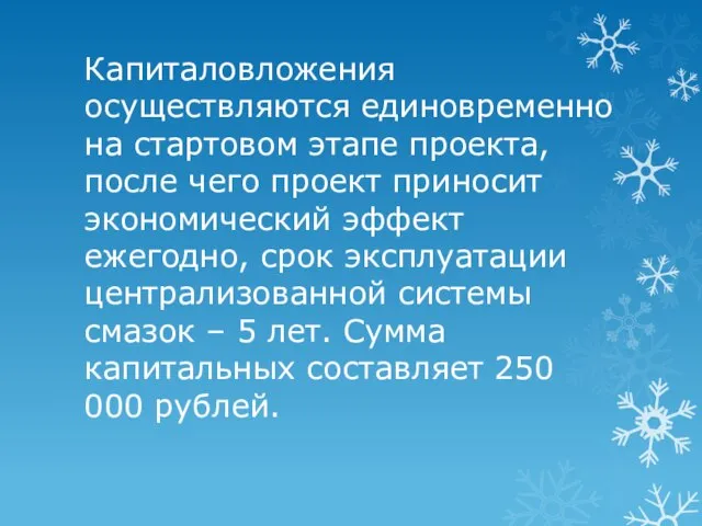 Капиталовложения осуществляются единовременно на стартовом этапе проекта, после чего проект приносит экономический