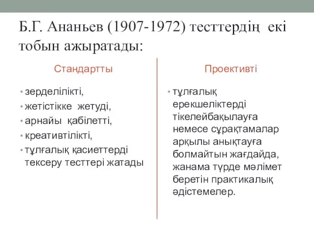 Б.Г. Ананьев (1907-1972) тесттердің екі тобын ажыратады: Стандартты зерделілікті, жетістікке жетуді, арнайы
