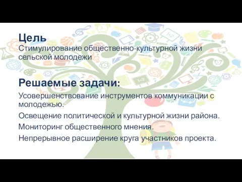 Цель Стимулирование общественно-культурной жизни сельской молодежи Решаемые задачи: Усовершенствование инструментов коммуникации с