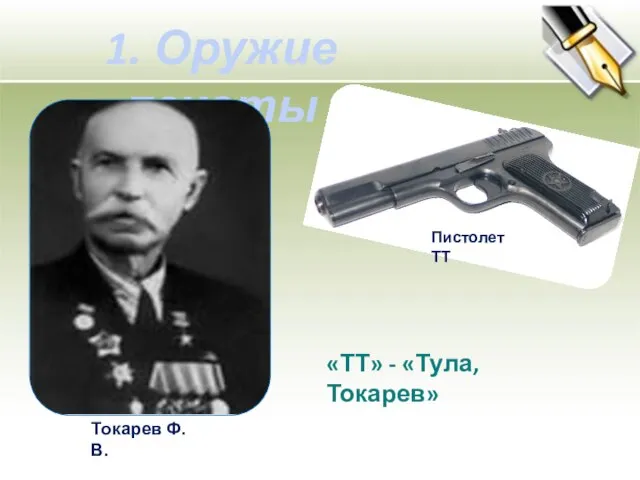 1. Оружие пехоты «ТТ» - «Тула, Токарев» Пистолет ТТ Токарев Ф.В.