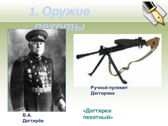 1. Оружие пехоты «Дегтярев пехотный» Ручной пулемет Дегтярева В.А.Дегтярёв