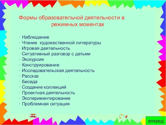 Формы образовательной деятельности в режимных моментах · Наблюдение · Чтение художественной литературы