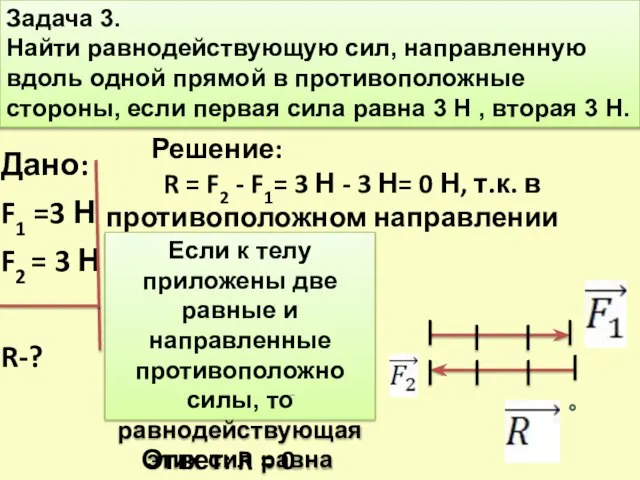 Задача 3. Найти равнодействующую сил, направленную вдоль одной прямой в противоположные стороны,