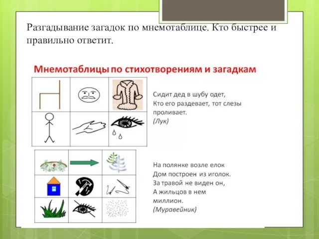 Разгадывание загадок по мнемотаблице. Кто быстрее и правильно ответит.