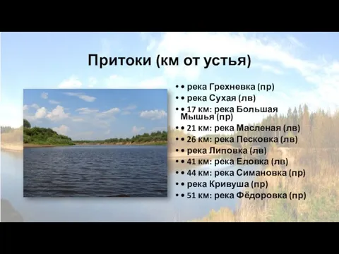 Притоки (км от устья) • река Грехневка (пр) • река Сухая (лв)