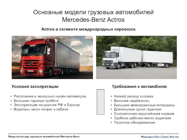 Основные модели грузовых автомобилей Mercedes-Benz Actros Actros в сегменте международных перевозок Условия