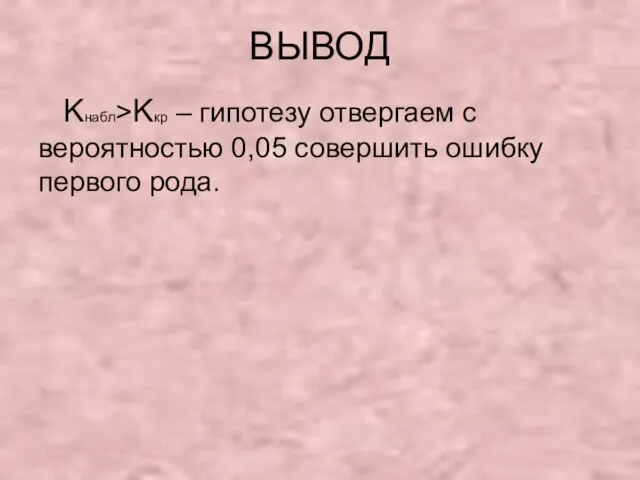 ВЫВОД Kнабл>Kкр – гипотезу отвергаем с вероятностью 0,05 совершить ошибку первого рода.