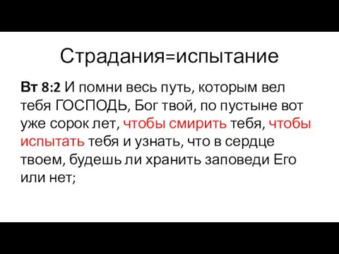 Страдания=испытание Вт 8:2 И помни весь путь, которым вел тебя ГОСПОДЬ, Бог