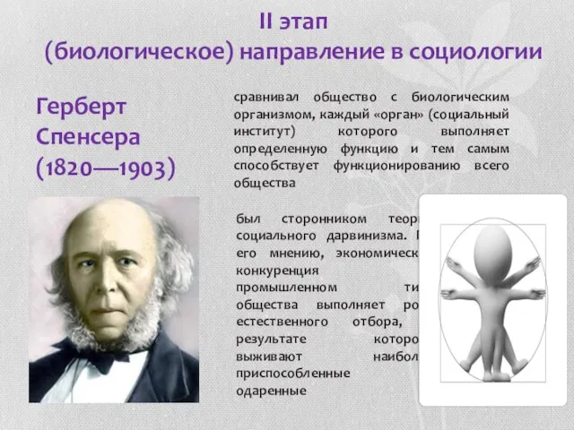 II этап (биологическое) направление в социологии Герберт Спенсера (1820—1903) сравнивал общество с