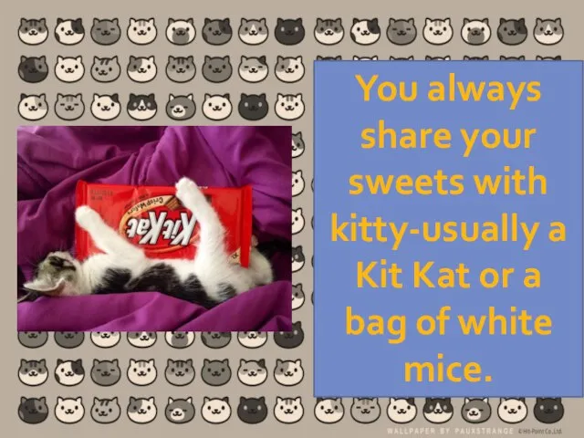 You always share your sweets with kitty-usually a Kit Kat or a bag of white mice.