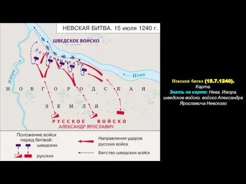 Невская битва (15.7.1240). Карта. Знать на карте: Нева, Ижора, шведское войско, войско Александра Ярославича Невского