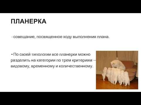 ПЛАНЕРКА совещание, посвященное ходу выполнения плана. По своей типологии все планерки можно